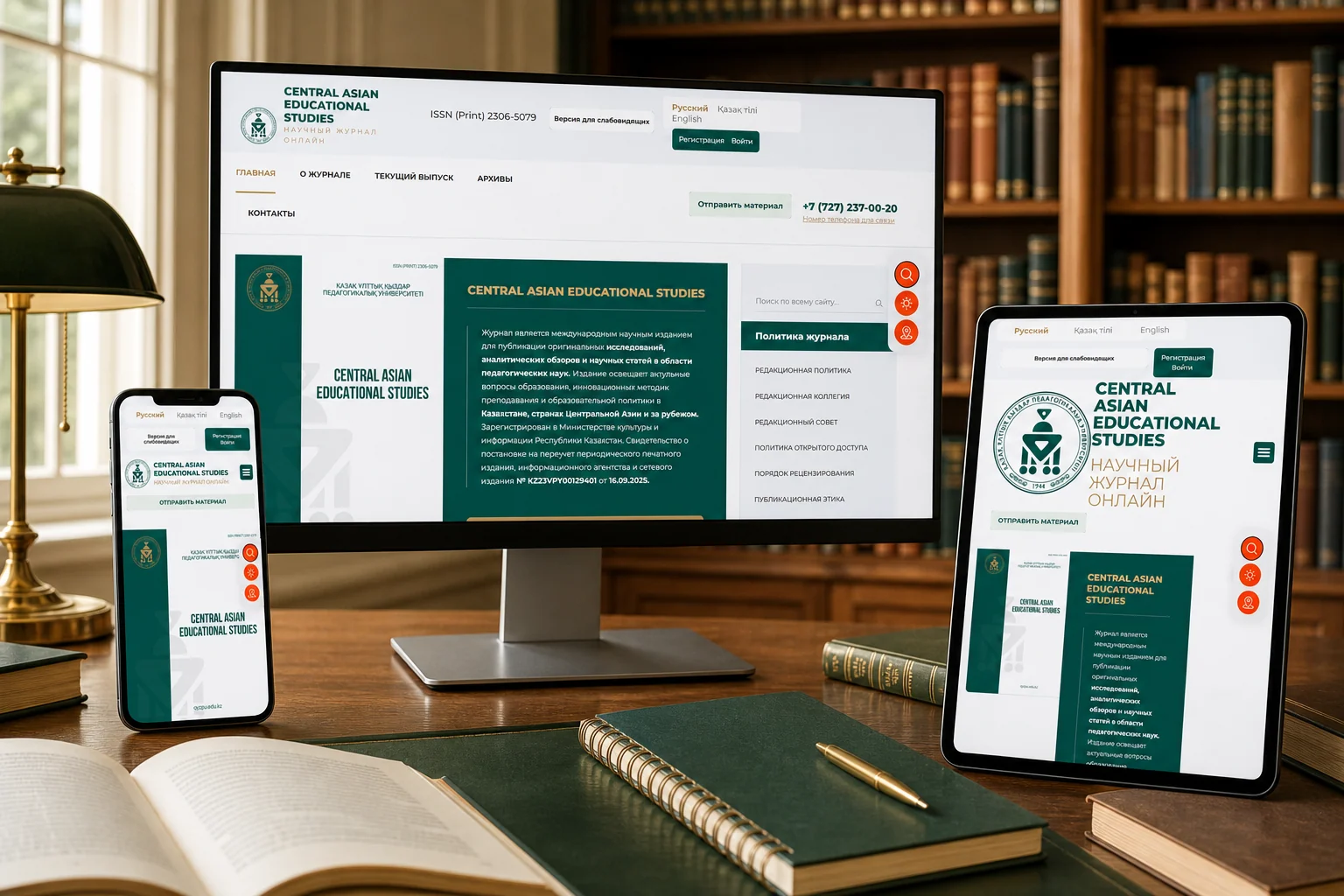 Сайт Central Asian Educational Studies на компьютере, смартфоне и планшете в интерьере университетской библиотеки.