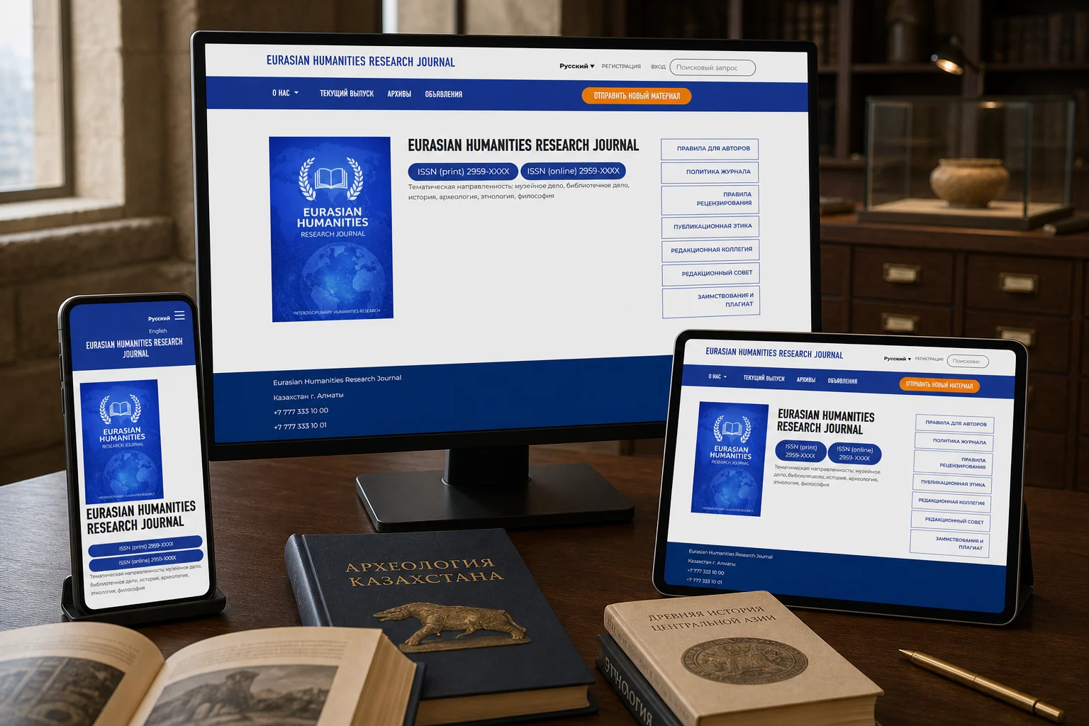 Сайт Eurasian Humanities Research Journal на компьютере, смартфоне и планшете в интерьере музейного архива.
